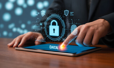 Professional using tablet for data security with modern technology interface