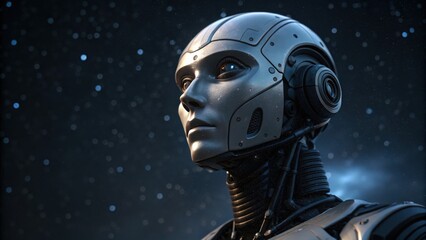 A futuristic robot gazes into a starry sky, showcasing advanced design and technology in a captivating, sci-fi atmosphere.