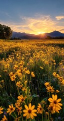 Fototapeta premium Golden wildflowers at sunset