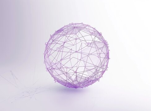 A lilac, wireframe sphere hovers over a light background, with faint, fragmented lines suggesting a shattered reflection below