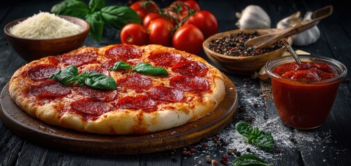 The mouthwatering pepperoni pizza surrounded by fresh ingredients and spices.