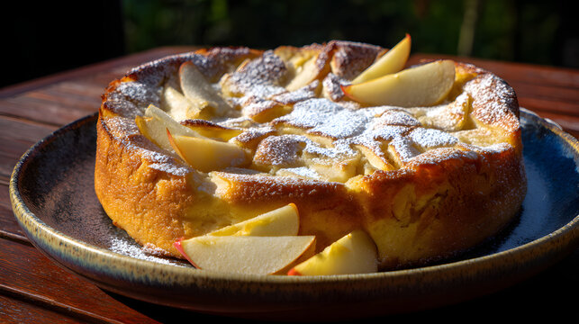 Delicious Normand Apple Cake with Fresh Apple Slices and Powdered Sugar on Wooden Table