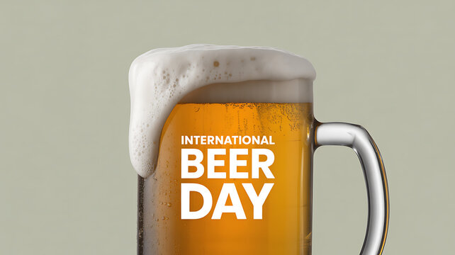 A close-up of a frothy beer mug with 'International Beer Day' text on the glass