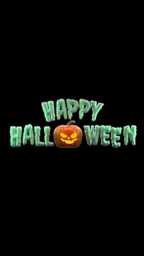 Spooky animated "Happy Halloween" text appears with a glowing pumpkin replacing the "O" in Halloween on a transparent alpha background in 3D animation