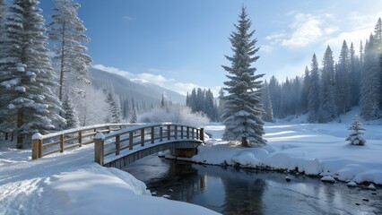 Snowy Bridge Over Icy River in Banff National Park