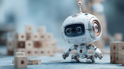 Cute vintage robot surrounded by wooden blocks in a soft setting
