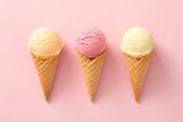 Three Ice Cream Cones on Pink Background