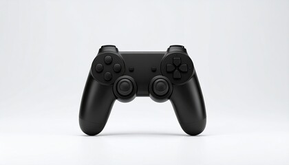A matte black video game controller is centered against a stark white background, showcasing its sleek design and ergonomic form