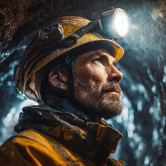 Mining engineer inspects underground site, showcasing determination and focus under headlamp glow