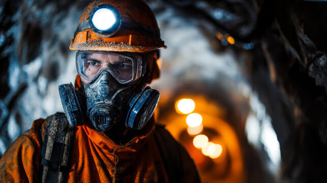 Underground mining engineer wearing protective gear, helmet, and mask, focused on safety in dimly lit tunnel