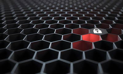 Cybersecurity concept with padlock icon on dark honeycomb for data protection