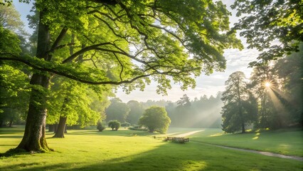 Sunlit park scene with lush green trees and grass, early morning light.