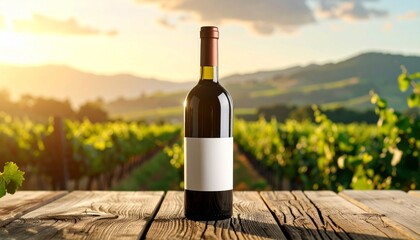 Fototapeta premium Elegant bottle of red wine with a customizable blank label resting on a rustic wooden table in a sun-drenched vineyard