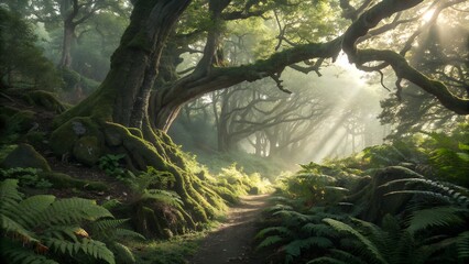 Lush forest path with sunlight filtering through trees, creating a serene atmosphere.
