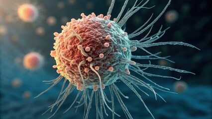 A detailed illustration of a cancer cell, showcasing its structure and appendages in a vibrant, scientific depiction.