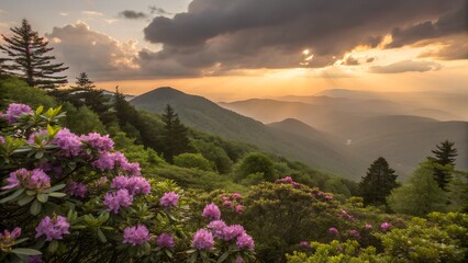 Sunset over mountain range with blooming rhododendrons.