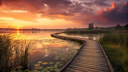 A serene sunrise over a tranquil lake with a wooden boardwalk curving through the reeds and lily pads.