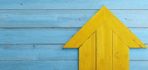 The Bright Yellow Arrow Pointing Towards a Blue Wooden Background