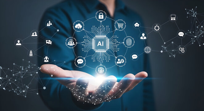 Hand holding glowing AI network, modern technology solutions for your business