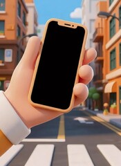 街の通りで黄色い携帯電話を持っている漫画の手