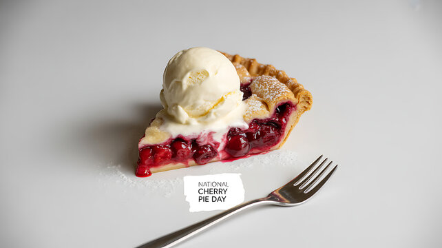 A slice of cherry pie topped with vanilla ice cream, served with a fork on a white surface, celebrating National Cherry Pie Day.