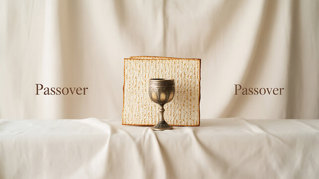Passover matzah and ceremonial cup on a white tablecloth