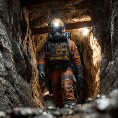 Mining engineer in orange suit walks through dimly lit underground tunnel, showcasing determination and focus