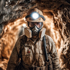 Mining engineer wearing helmet and gas mask, inspecting underground tunnel, showcasing determination and focus