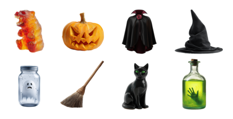 Halloween set on transparent background with clear glass mason jar, vampire cape collar, carved jack-o-lantern, apothecary bottle, and gummy bears for spooky or fun designs.

