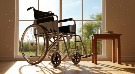 Mobility Aid for Elderly People in a Sunlit Room with a Table and Greenery for Health Blogs, Senior Care Websites, Rehabilitation Articles, and Social Awareness Content
