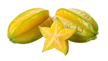 Three fresh and ripe star fruits isolated on transparent background, showcasing their unique shape and vibrant yellow color, perfect for a healthy snack