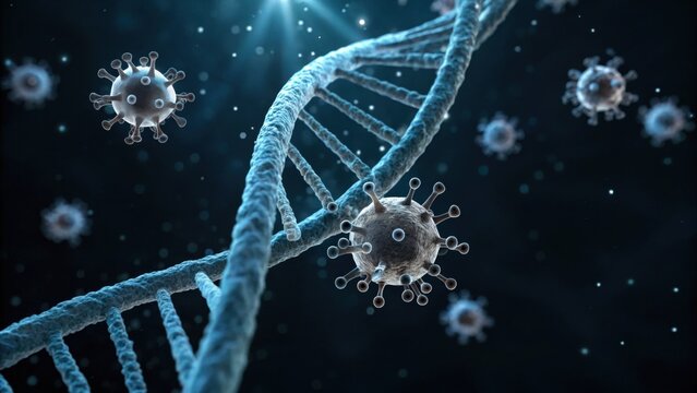 A digital illustration showcasing a DNA strand with virus-like structures, representing the intersection of genetics and microbiology.