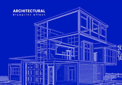 Architectural Sketch Blueprint Photo Effect Mockup