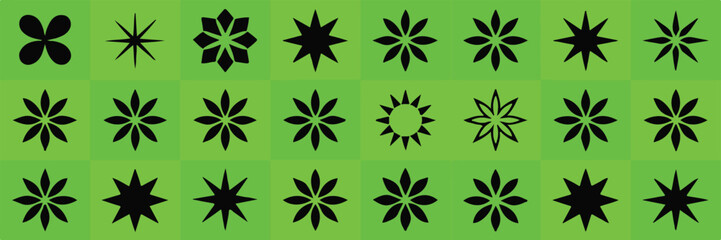 botanical vector art grid with 40 black silhouette flower icons on light and dark green checker pattern backgrounds