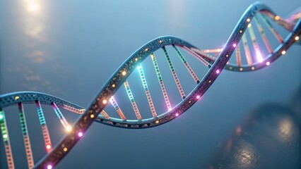 A colorful, stylized representation of a DNA double helix, showcasing vibrant lights along the strands against a smooth background.