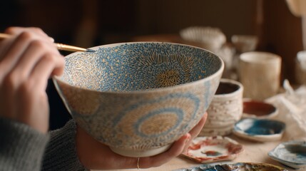 Medium shot showcasing an artisan painting delicate patterns on a handmade ceramic bowl with surrounding workspace gently out of focus