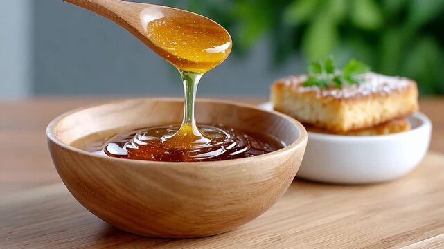Liquid Gold Pouring: A wooden spoon elegantly pours a stream of luscious honey into a matching bowl, with delightful sweet cake nearby, a perfect composition to entice any observer