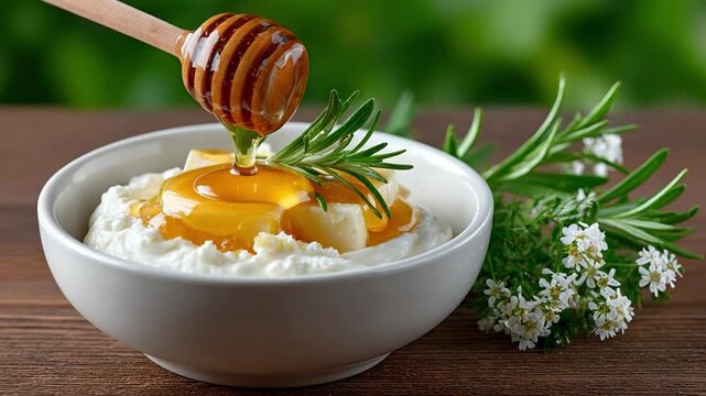 Golden Honey Cascade: A wooden honey dipper delicately pours liquid gold over a creamy, white bowl of ricotta cheese, garnished with fresh rosemary, creating a visually stunning food scene.