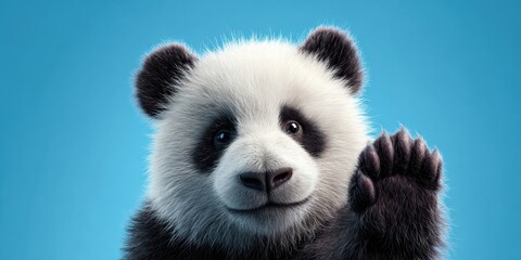 Fototapeta premium The adorable panda waving with a cheerful expression against a blue background.