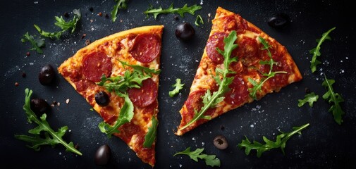 The delicious pepperoni pizza slices garnished with arugula and olives.