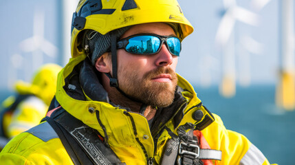 Technician wearing yellow safety helmet and sunglasses stands confidently near offshore wind turbines, showcasing dedication