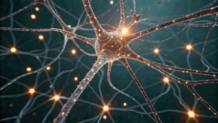 Fototapeta premium A close-up view of a neuron network, showcasing intricate dendrites and glowing synapses, representing the complexity of neural connections.