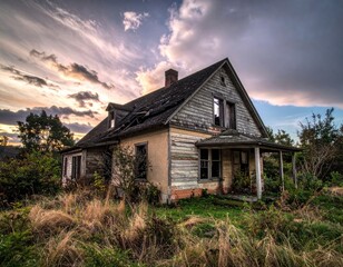 Obraz premium Rustic House with Peeling Paint Under Dramatic Cloudy Sky at Sunset in Rural Landscape