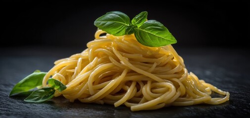The elegant pile of spaghetti garnished with fresh basil leaves on dark background.