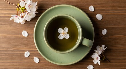 Fototapeta premium Delicate cherry blossom floating in a cup of green tea on wooden surface