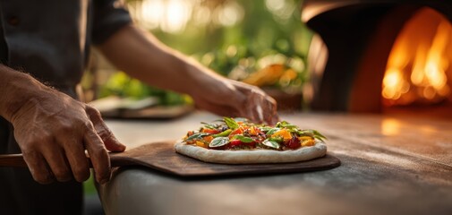 The chef prepares a vibrant pizza in a rustic outdoor setting.