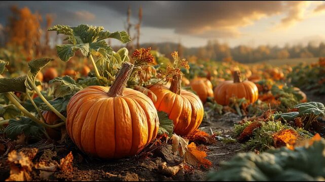 Pumpkin Patch in Autumnal Splendor: A vibrant pumpkin patch thrives in a picturesque field, evoking the cozy essence of autumn harvest with rustic charm. 