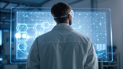 A scientist observes a digital interface displaying complex data and analytics in a modern laboratory setting.