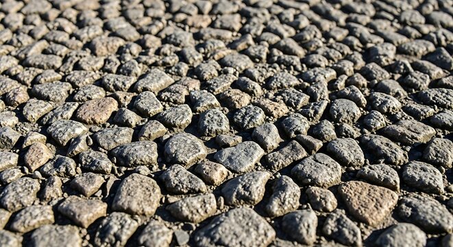 Close up of a textured cobblestone pathway with natural stones and rough surfaces.