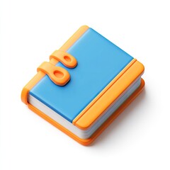 3D isometric illustration of a small book.  Bright orange cover edges,  light blue cover, and simplistic design